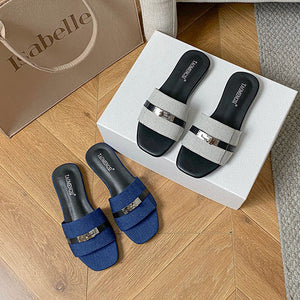 Blue and gray double-buckle slide sandal color options