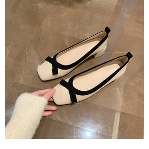 Apricot bow square-toe block heel pump pair