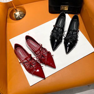 TAOMENGSI Women's Pointed-Toe Bow Mary Jane Flats side angle view