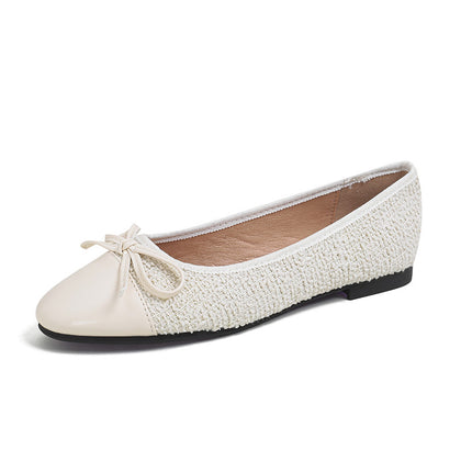 Milky White Women's Bow Patchwork Round-Toe Ballet Flats – product view 7