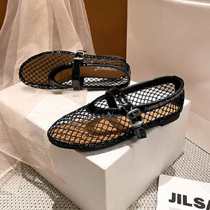 Black breathable mesh T-strap Mary Jane flats