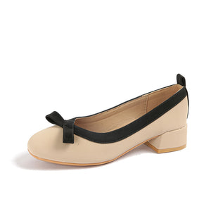 Milk-tea brown bow block heel pump side view on white