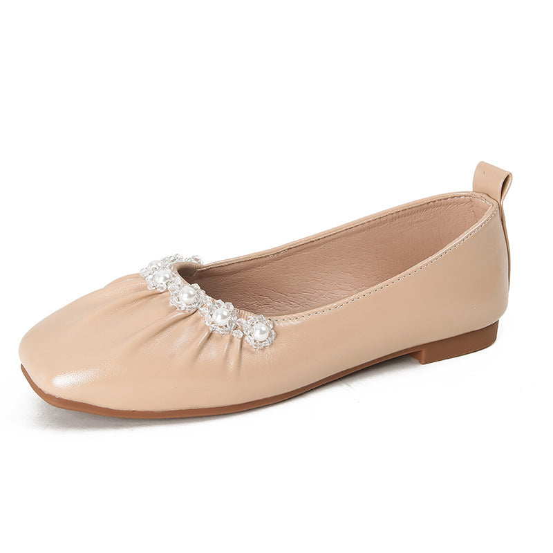 TAOMENGSI Women's Square-Toe Pearl Soft-Sole Flats style detail view