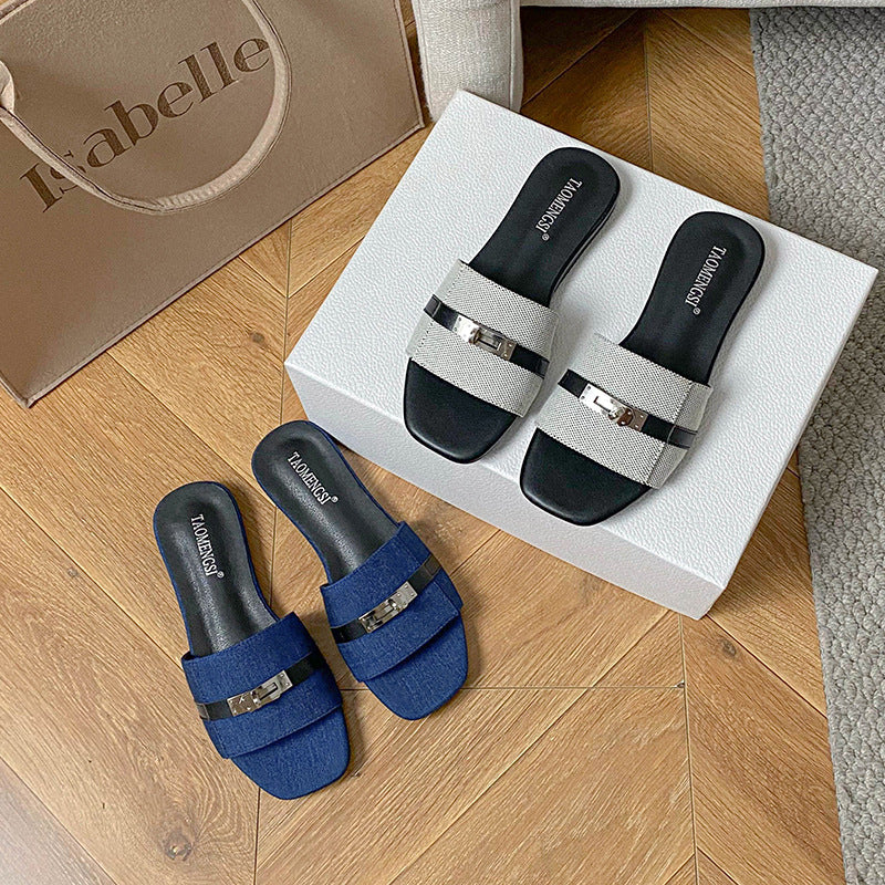 Blue and gray double-buckle slide sandal color options