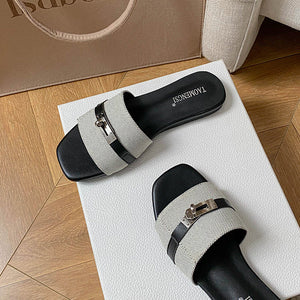 Gray double-buckle square-toe slide sandals
