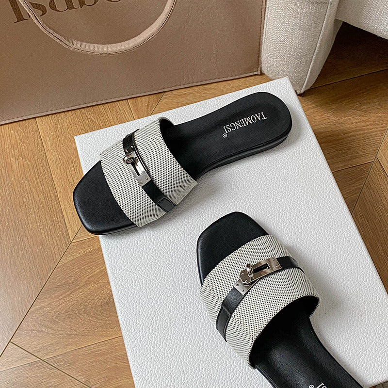 Gray double-buckle square-toe slide sandals