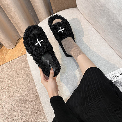 Black Women's Plush Platform Outdoor Slippers – product view 7
