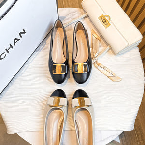 TAOMENGSI Women's Colorblock Bow Chunky Heel Pumps side angle view