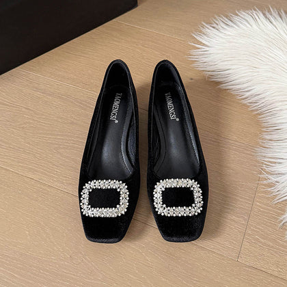 TAOMENGSI Women's Square-Toe Velvet Flats with Crystal Buckle product photo