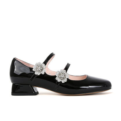 Black Women's Rhinestone Floral Square-Toe Mary Jane Heels – product view 7