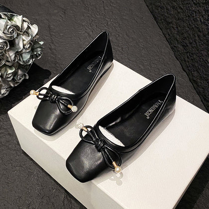 Black Women's Pearl-Bow Soft-Sole Ballet Flats – product view 7
