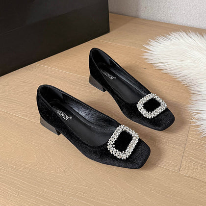 TAOMENGSI Women's Square-Toe Velvet Flats with Crystal Buckle side angle view