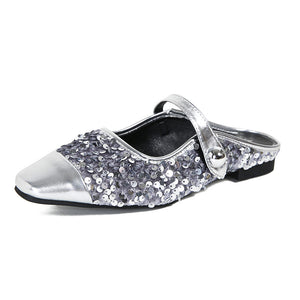 Silver sequin Mary Jane mule side view on white