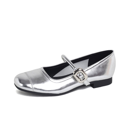 TAOMENGSI Women's Metallic Silver Mary Jane Flats style detail view