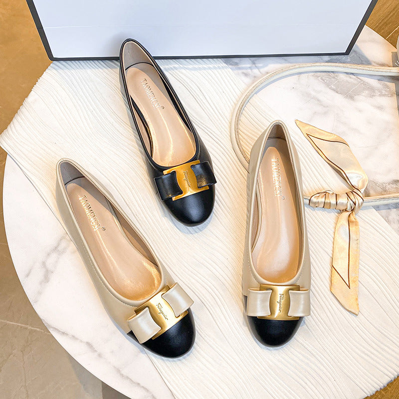 TAOMENGSI Women's Colorblock Bow Chunky Heel Pumps alternate product view