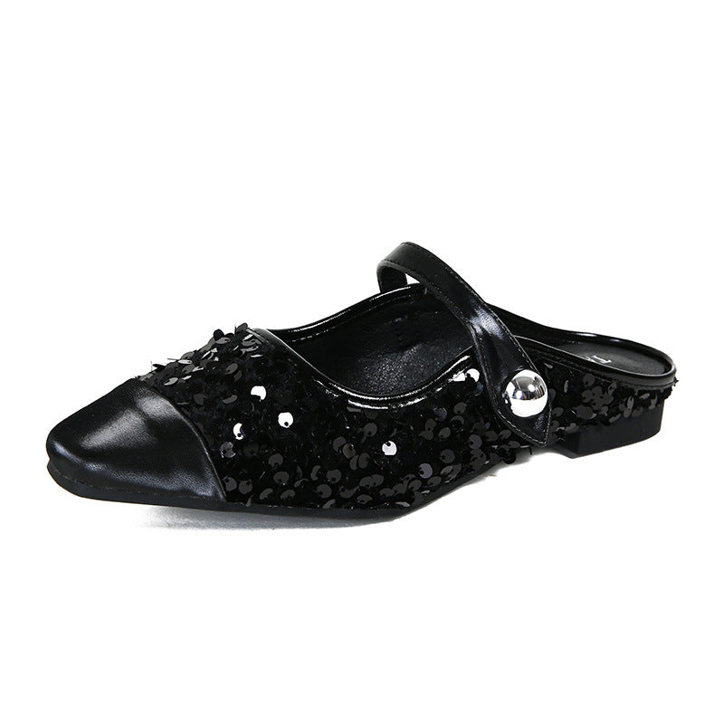 Black sequin Mary Jane mule side view on white