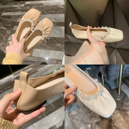 TAOMENGSI Women's Square-Toe Pearl Soft-Sole Flats alternate product view