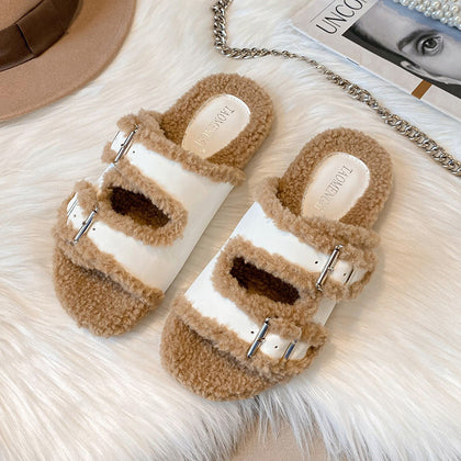 White Women's Double-Strap Plush-Lined Platform Slippers – product view 6