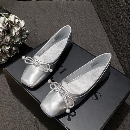 Silver Women's Pearl-Bow Soft-Sole Ballet Flats – product view 8