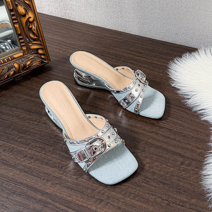 TAOMENGSI Women's Square-Toe Rivet Wedge Sandals profile view