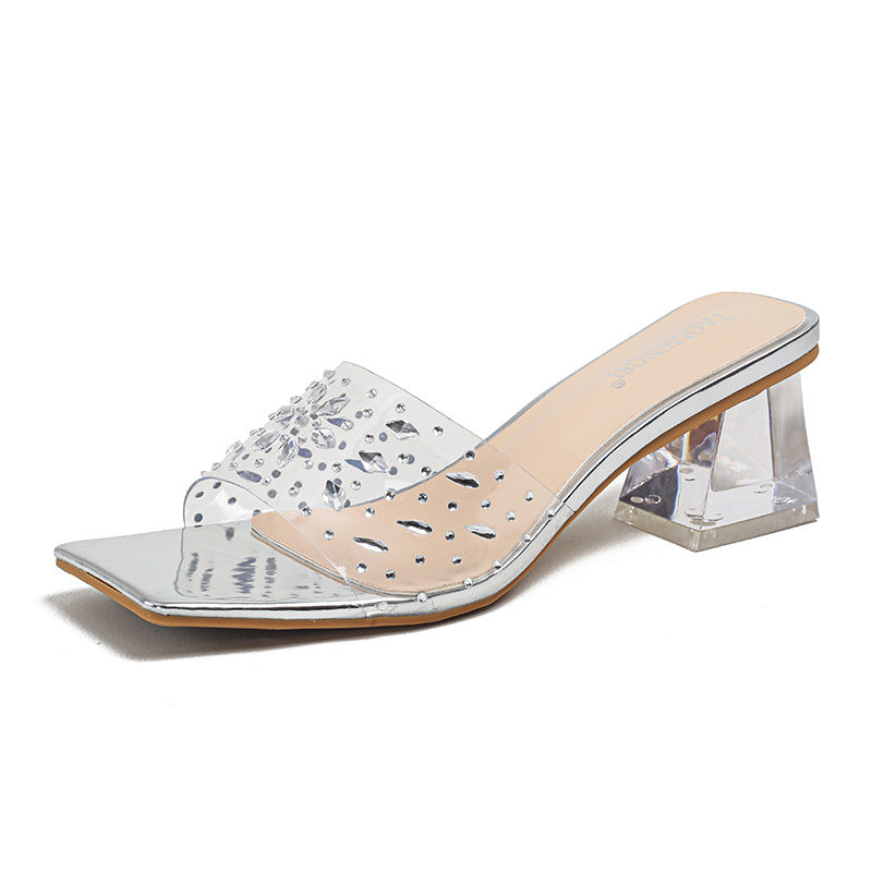 TAOMENGSI Women's Crystal Square-Toe Platform Heel Sandals pair view