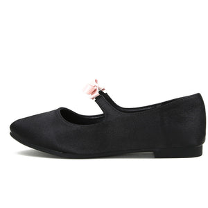 Black-pink bow Mary Jane ballet flat side view on white