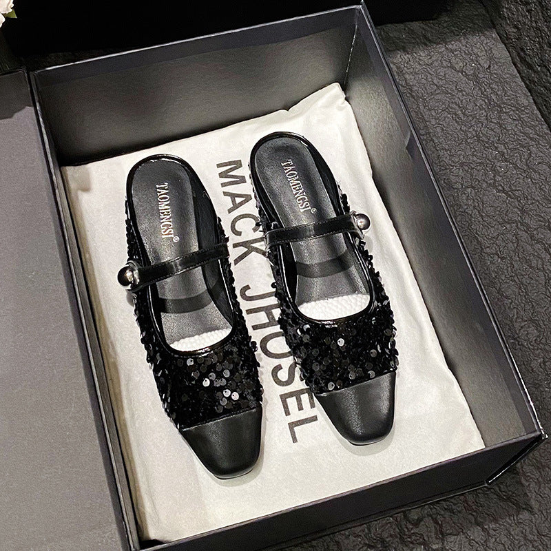 Black sequin closed-toe Mary Jane mules in a box