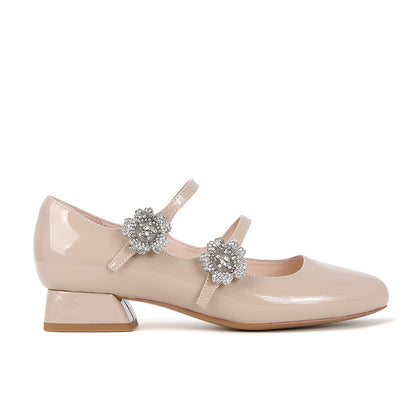 Nude Pink Women's Rhinestone Floral Square-Toe Mary Jane Heels – product view 6