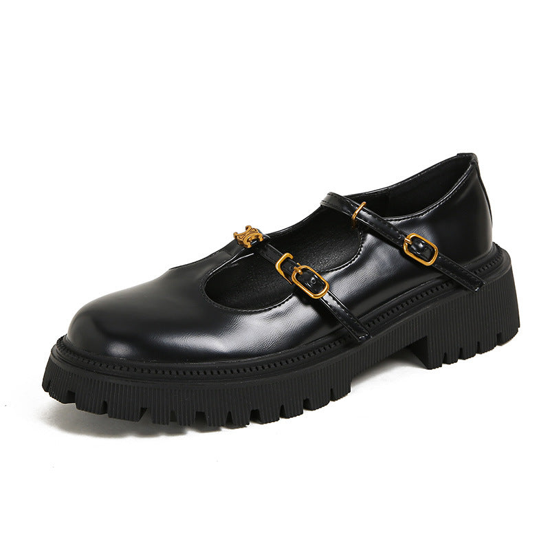 Black T-strap platform Mary Jane loafer side view on white