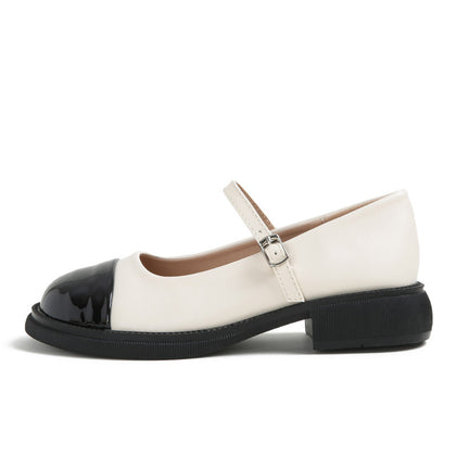 Apricot cap-toe Mary Jane pump side view on white