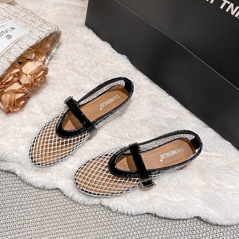 White mesh T-strap Mary Jane flats