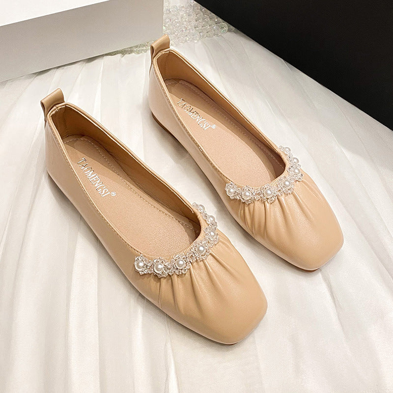 TAOMENGSI Women's Square-Toe Pearl Soft-Sole Flats side angle view