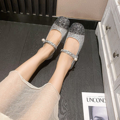 TAOMENGSI Women's Rhinestone Pearl Buckle Mary Jane Flats side angle view