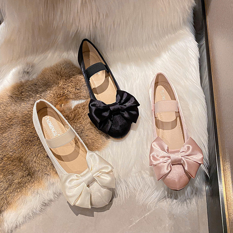 White, pink and black oversized bow Mary Jane ballet flats