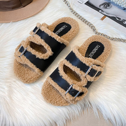 Black Women's Double-Strap Plush-Lined Platform Slippers – product view 7