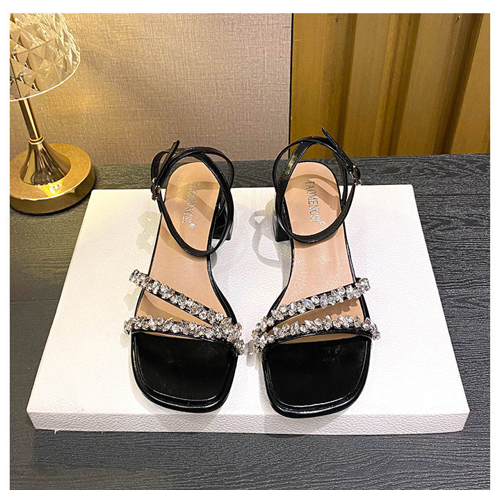 Damen-Rhinestone-Sandalen mit offener Spitze und klobigem Absatz, Detailbild 5