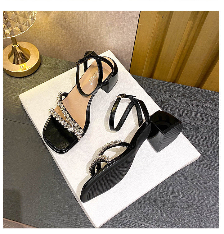 Damen-Rhinestone-Sandalen mit offener Spitze und klobigem Absatz, Detailbild 6