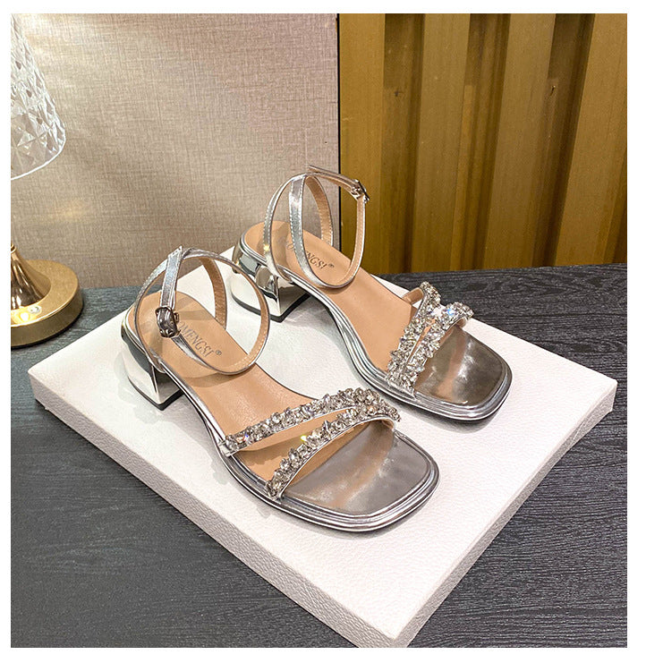 Damen-Rhinestone-Sandalen mit offener Spitze und klobigem Absatz, Detailbild 11