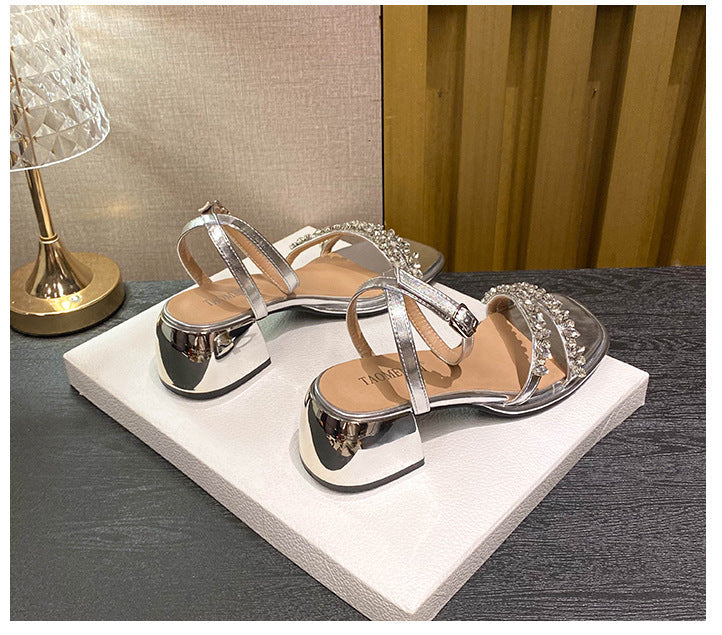 Damen-Rhinestone-Sandalen mit offener Spitze und klobigem Absatz, Detailbild 12