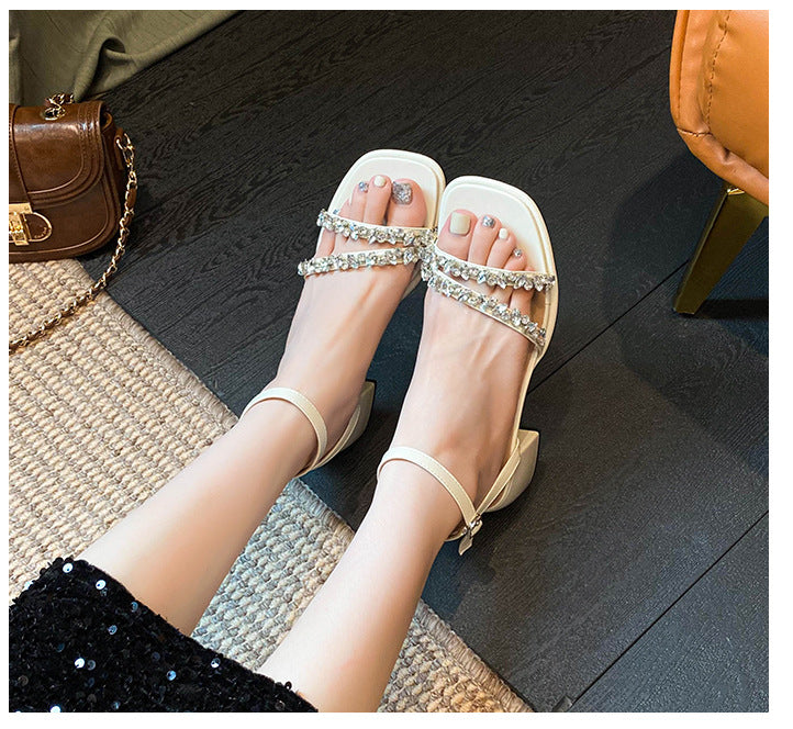 Damen-Rhinestone-Sandalen mit offener Spitze und klobigem Absatz, Detailbild 16