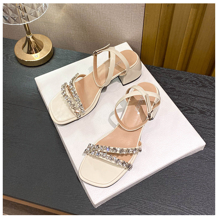Damen-Rhinestone-Sandalen mit offener Spitze und klobigem Absatz, Detailbild 17