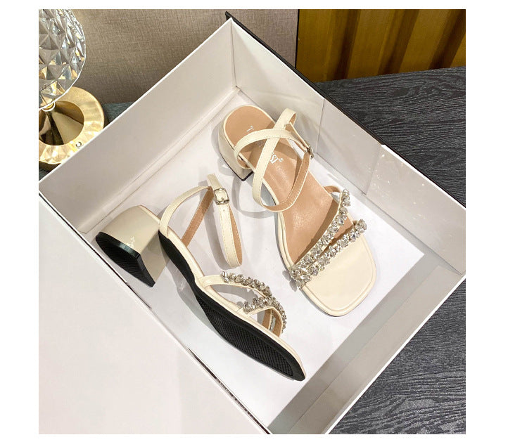 Damen-Rhinestone-Sandalen mit offener Spitze und klobigem Absatz, Detailbild 18